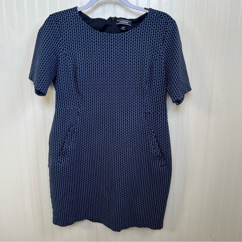 Lands’ End Navy Blue Ponte Geometric Print 1/2 Sleeve Pocket Dress Size 14P